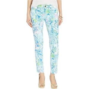 Lilly Pulitzer South Ocean Floral Leaf Print White Skinny Jean Pants Size 0